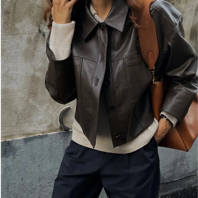

Куртка женская короткая из экокожи, повседневный однобортный пиджак свободного покроя с длинным рукавом, уличная одежда в Корейском стиле, Осень-зима