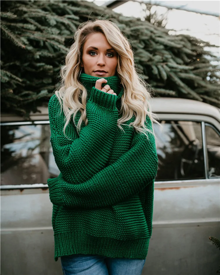 

Yellow pink red green black solid knitted sweater Women pullover long sleeve turtleneck sweater cloth oversized sweater