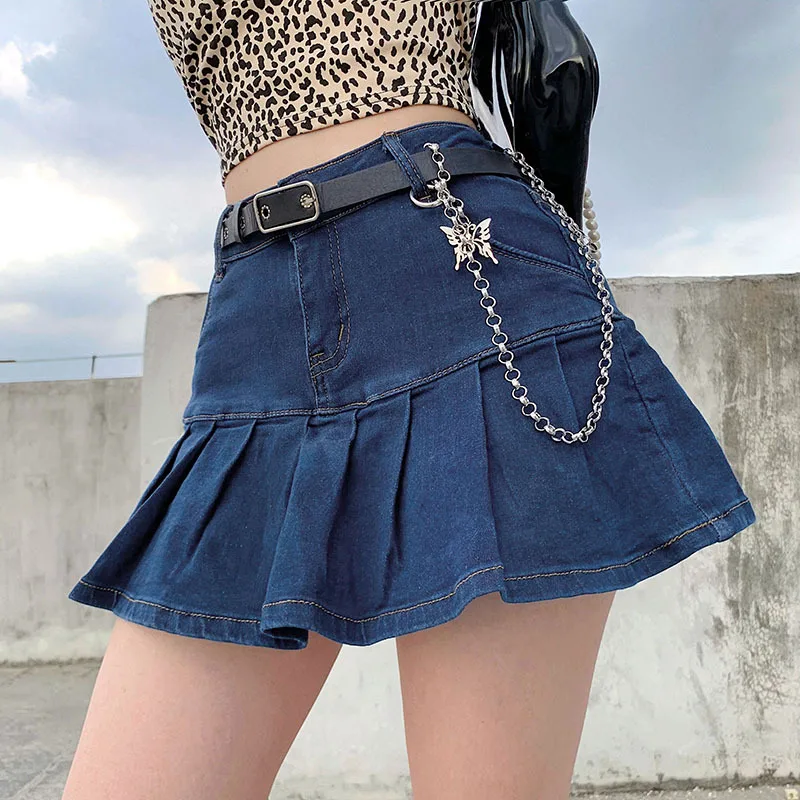 

HOT Women Jeans Skirts High Waist Pleated Skirts Zipper Mini Skirts Summer New Pop Streetwear Bottom Skinny Blue Skirt