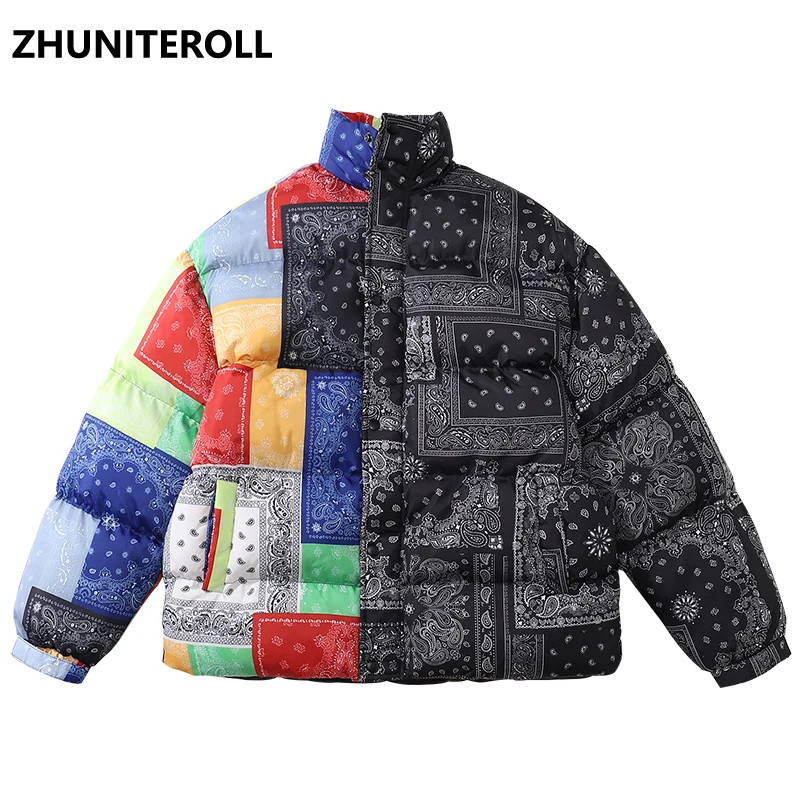 

Paisley Print Harajuku 2021 Hip Hop Men Block Patchwork Parka Jacket Windbreaker Thick Jacket Cotton Padded Jacket Coat Winter
