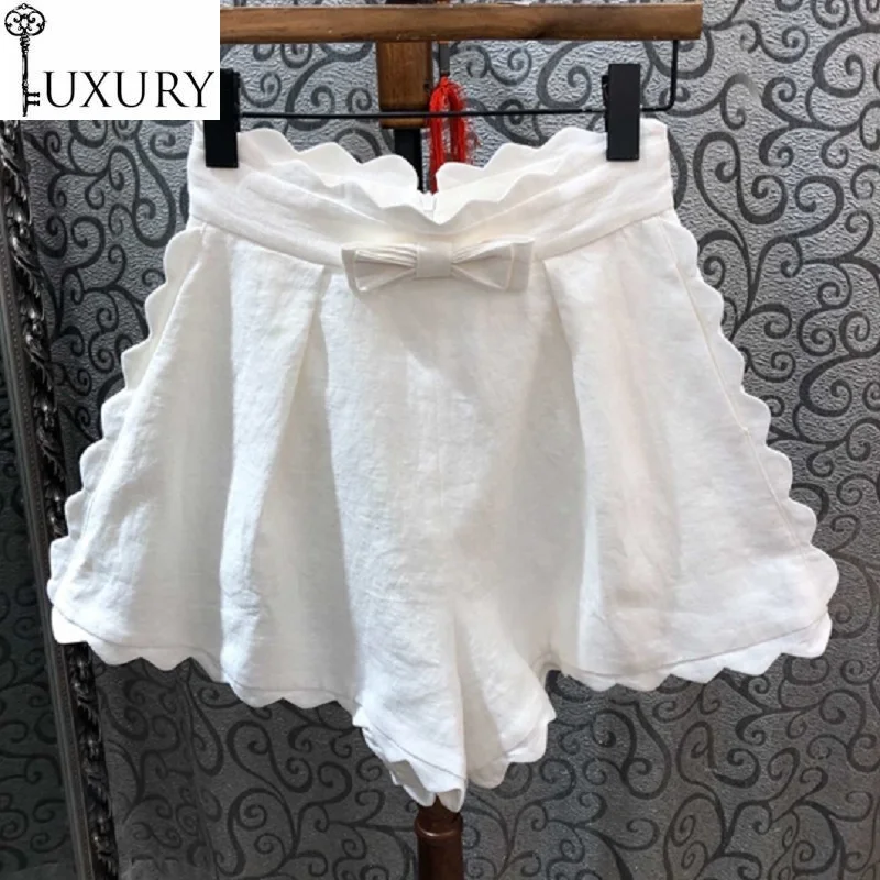 Spring High Quality 2020 Summer White Women Wave Patterns Bow Front Wide Leg Casual Basic Shorts Ladies Beach Short