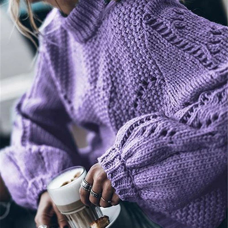 

Autumn Winter Women Knitted Sweater Puff Sleeve Oversized Sweater Female Pullovers Crocheted Knitting Sweater Outeewear