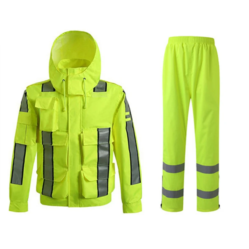 

Hi Vis Workwear Raincoat Mens Rain Jacket Pants Reflective Cargo Traffic Pocket Free Shipping Fluorescent Stickers