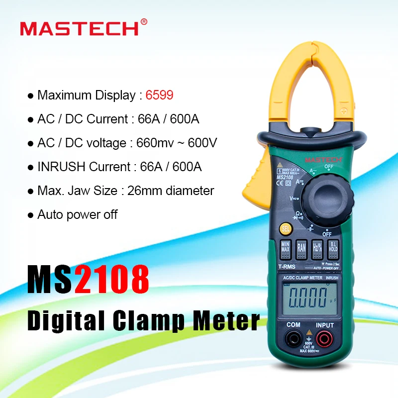 

Multitester MASTECH MS2108 Digital Clamp Meter Multimeter 6600 Counts True RMS AC DC Capacitance Frequency Inrush Current Tester