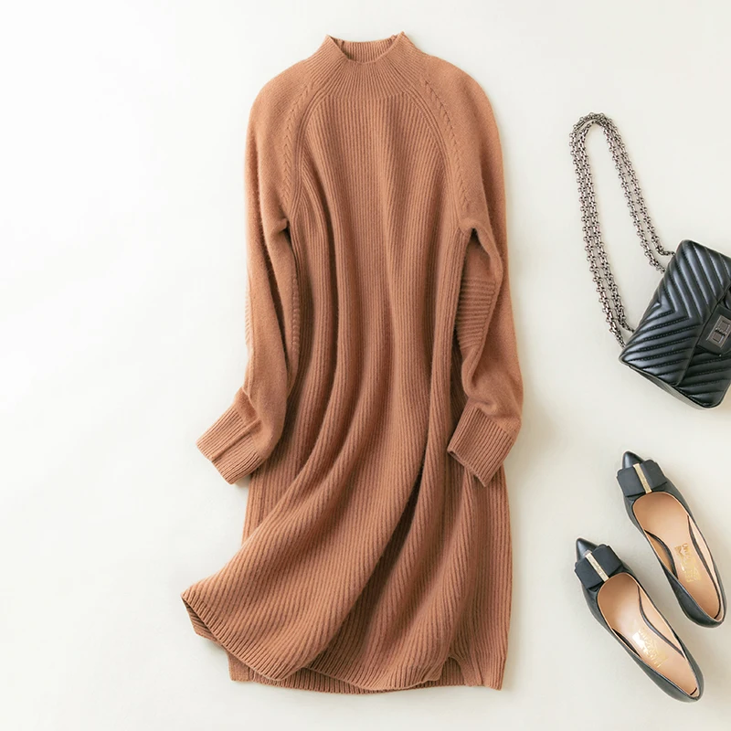 

MeetMetro 100% Wool Women Sweater Dress Pullover Women Fashion Knitted Wool Long Sweater Winter Wool Knitwear Solid Korean Style