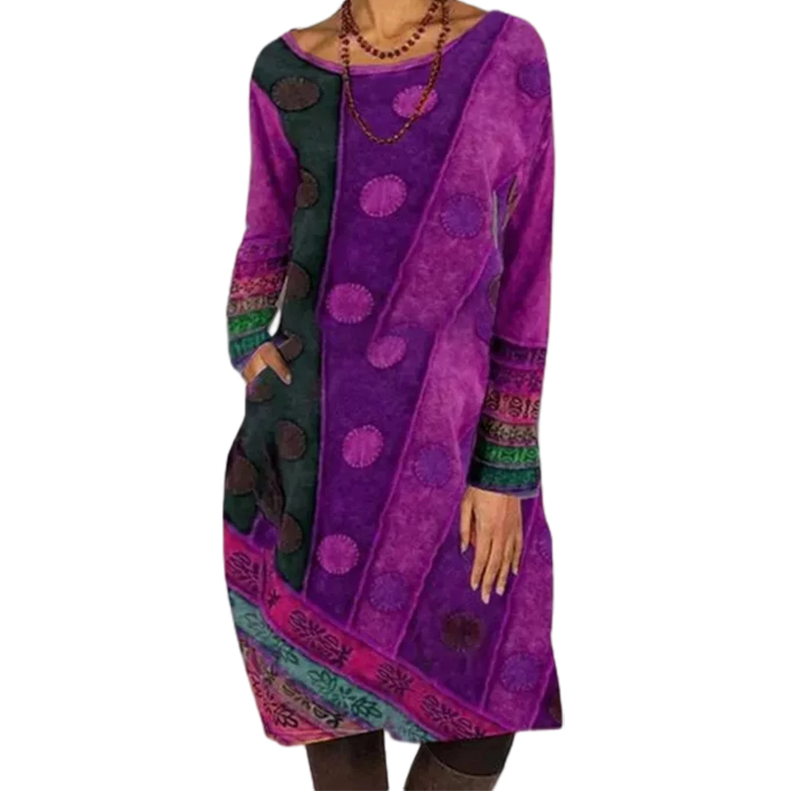 

HOT SALESNew Arrival Women Autumn Winter Long Sleeve Ethnic Print Patchwork Pockets Knee-length Dress