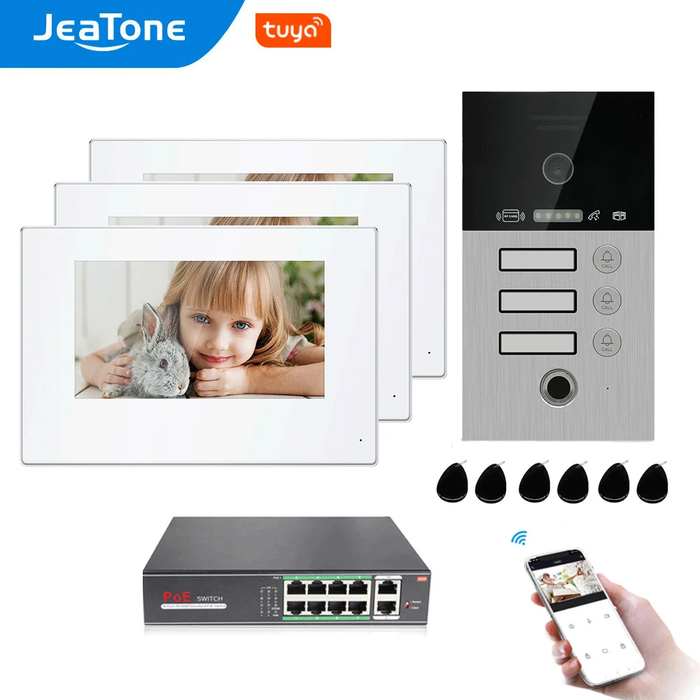 Jeatone Tuya Smart IP Video Doorbell for 3Apartment Intercom with 170° Viewing Degree Door Phone Fingerprint/Cards/Screen Unlcok