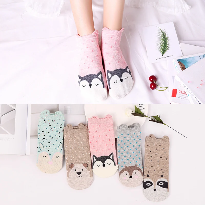 

5 Pairs Lot Cotton Women Socks Female Casual Boat 3D Pack Cartoon Harajuku Unicron Cat Cute Invisiable Funny Girl Ankle Sock Set