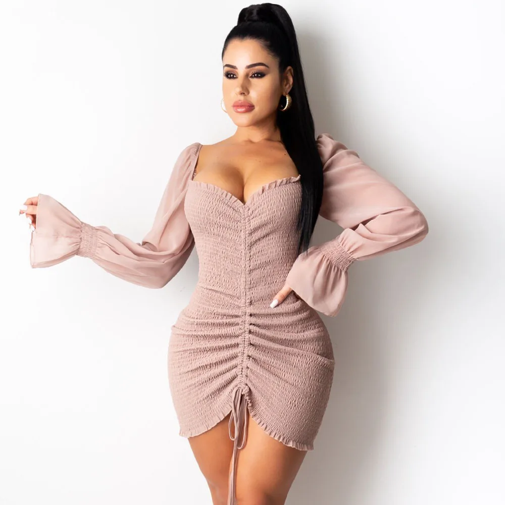 

2021 летнее платье для женщин, сексуальное платье с глубоким v-образным вырезом с длинным рукавом шифоновое Короткое мини платье тонкое облег...