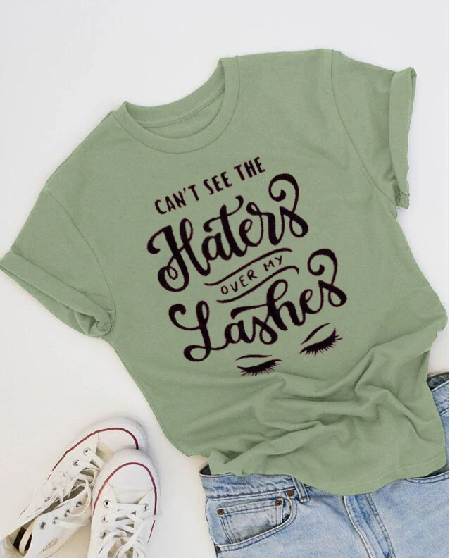 Olive-black txt Cant See The Haters For My Lashes футболка для макияжа футболка для художника ресницы Забавный Графический Женский модный тройник лозунг tumblr Топы в готическом стиле - Цвет: Olive-black txt