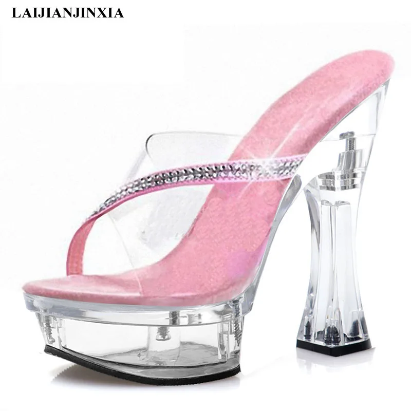 

Fashion Rhinestone Shallow Hollow Open Toe Women's Slippers 14 CM Super High Heeled Shoes Clear Spool Heels Party Dress Shoes
