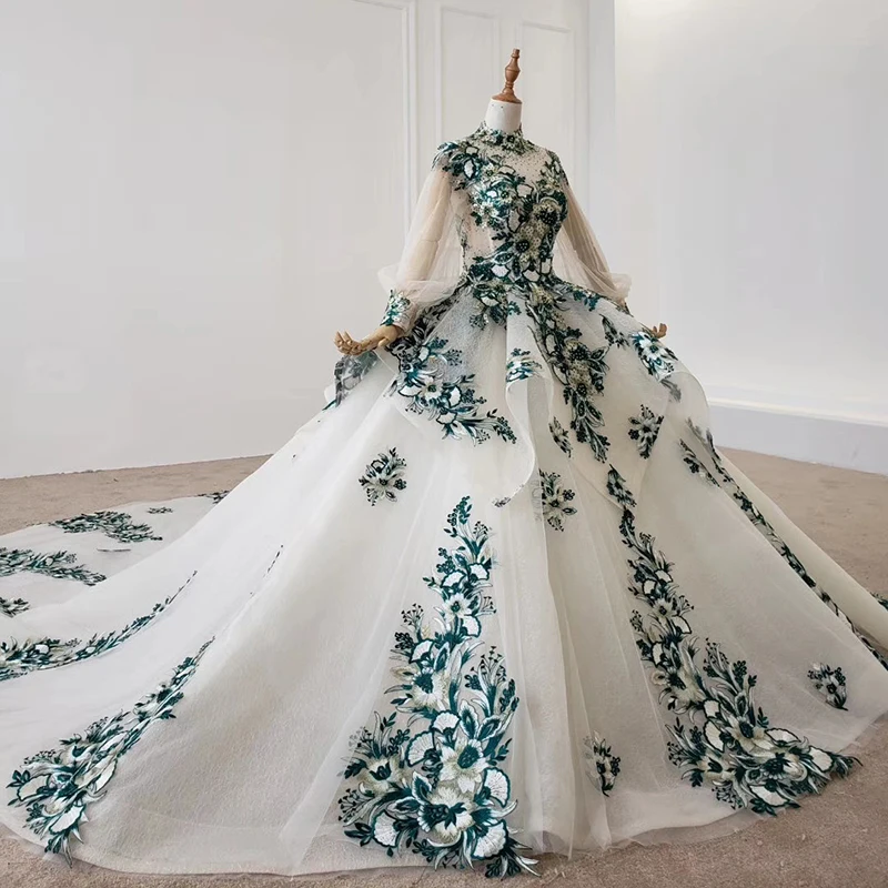 HTL1129 green flowers evening dress long sleeve high neck ball gown elegant formal dress evening gown luxury sukienki wieczorowe