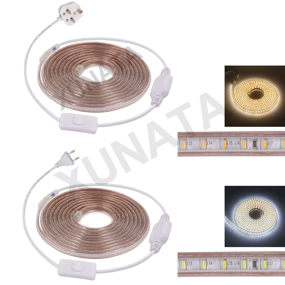 

220V SMD3014 LED Strip Light Waterproof 120Leds/m Led Flexible Strip Ribbon Diode Tape with Switch 80CM EU/UK Plug 1-50m