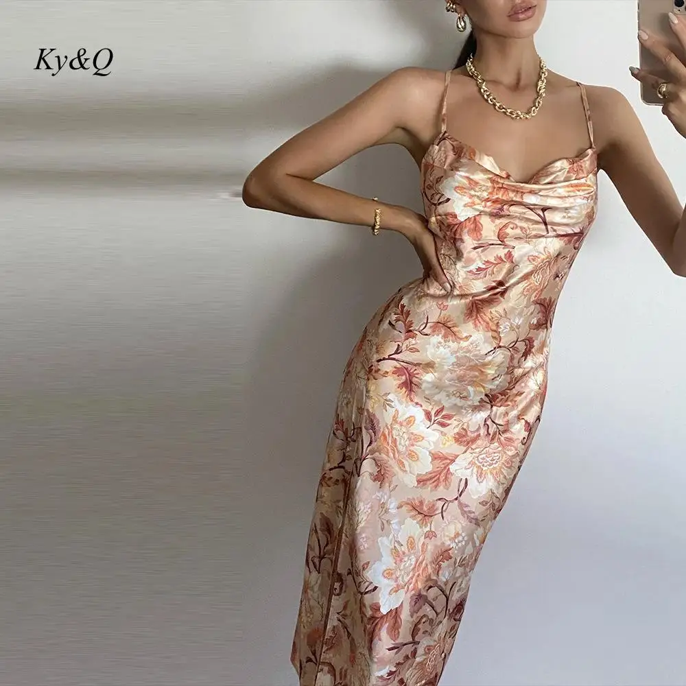 

2021 новый принт высокое Разделение Спагетти ремень атласное платье Для женщин, с вырезом на спинке, облегающее длина до колена с Винтаж облег...