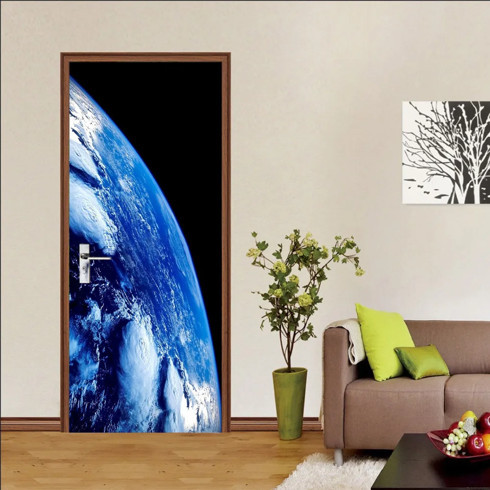 

Self-Adhesive Door Sticker 3D Creative Space Earth Photo Wallpaper Living Room Bedroom Home Decor Wall Stickers Door Poster