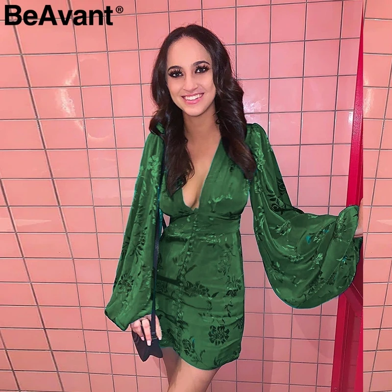 BeAvant, сексуальное короткое платье с v-образным вырезом для вечеринки, зеленая лента, элегантное платье для женщин, рукав-фонарик, однобортное ТРАПЕЦИЕВИДНОЕ мини-платье, летнее
