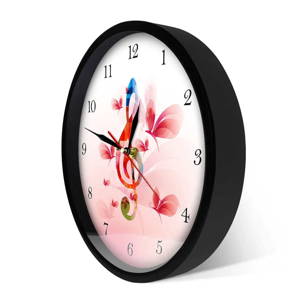 Colorful Music Note with Butterflies Floral Wall Clock Treble Clef Musical Printed Round Studio Art | Дом и сад