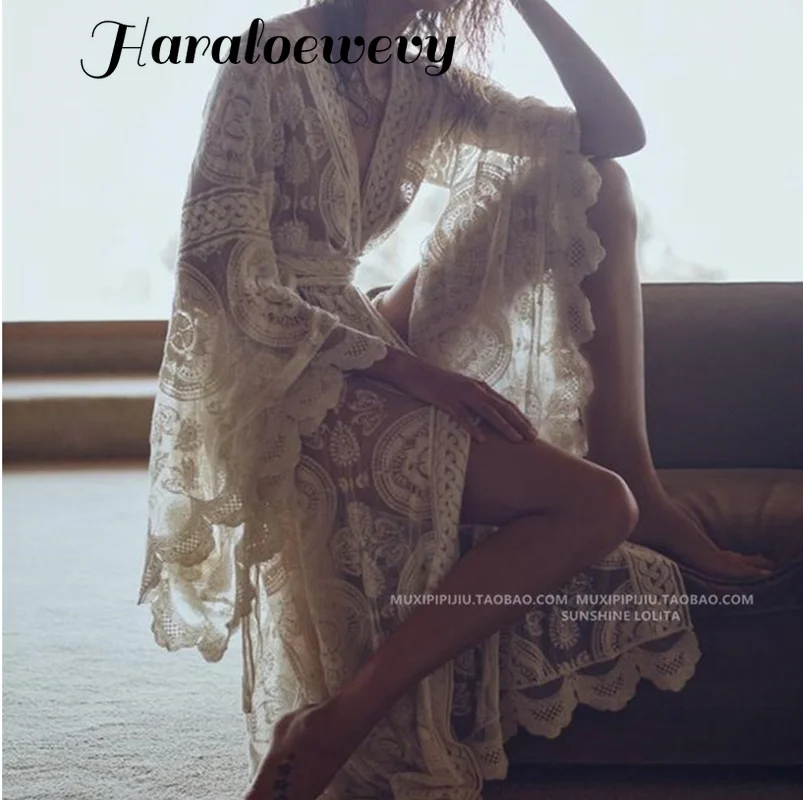 Богемное с расклешенными рукавами Сексуальное Белое платье кружевное длинное