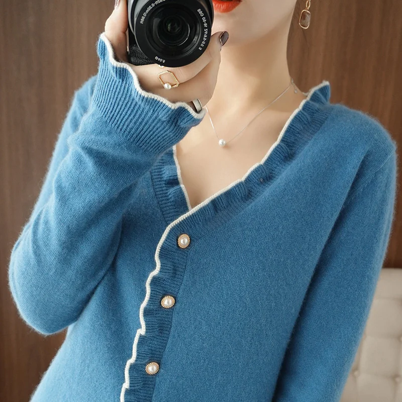 

Женский кардиган, Новинка весна-осень 2021, вязаная куртка с V-образным вырезом, универсальный модный нежный стиль, Wn *