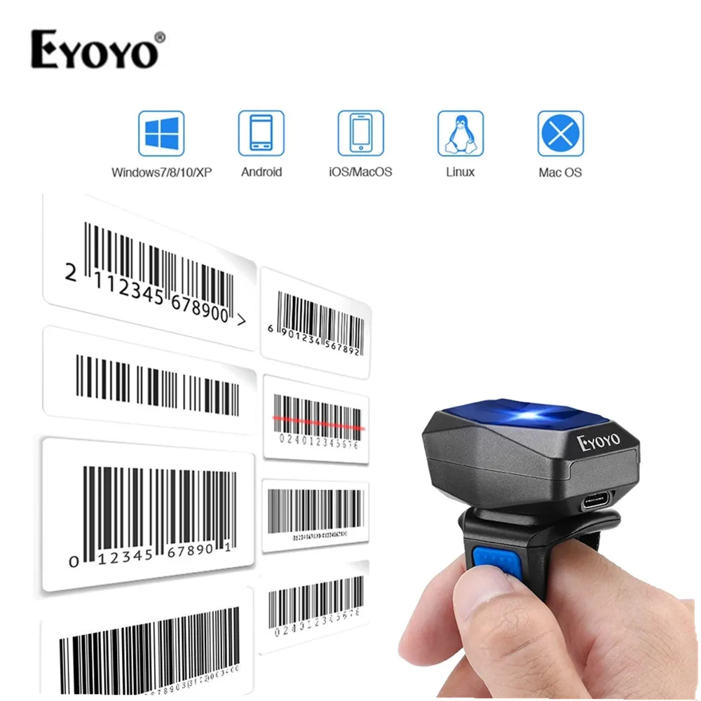 Беспроводной лазерный сканер штрих-кода Eyoyo кольцевого типа с Bluetooth миниатюрный
