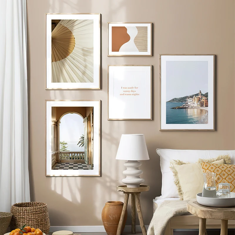

Mediterranean Balcony Palm Fan Beach Landscape Nordic Quotes Poster Wall Art Print Canvas Painting Decor Picture For Living Room