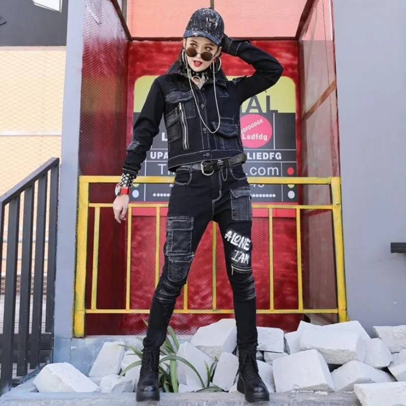 

Fashion Women Black Denim Two Piece Set High Street Spliced Printed Harem Pants Jacket Matching Sets Punk Motorcycle Outfits