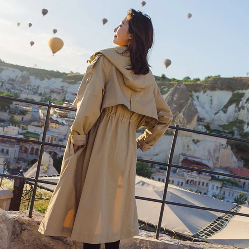 Женская Длинная ветровка с капюшоном демисезонное Свободное пальто до колена