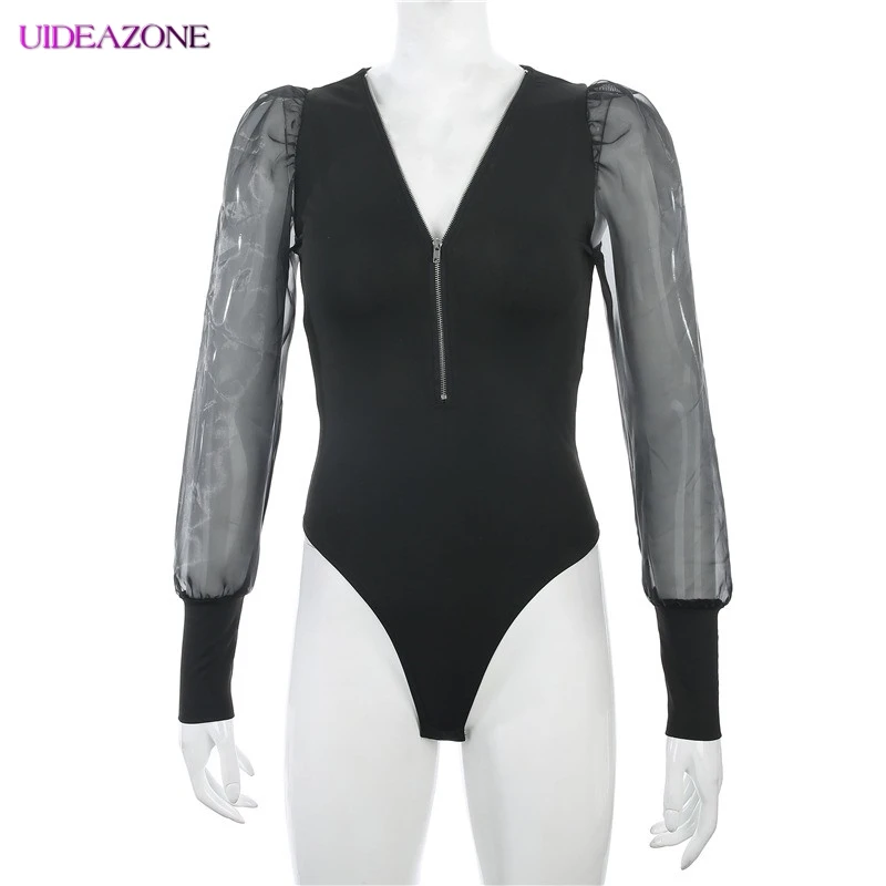 Женский пуловер комбинезон пэчворк сетка длинный рукав с буфами v-образный вырез