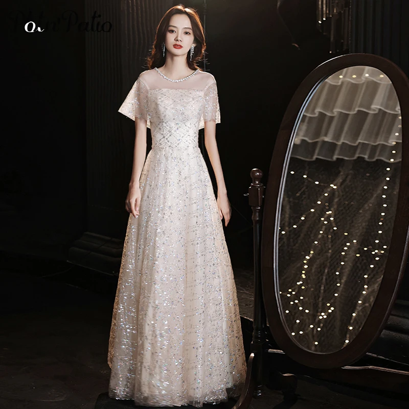 

Champagne Evening Dresses Long 2021 Elegant O-neck A-line Floor-length Sequin Lace Women Formal Gowns Plus Size