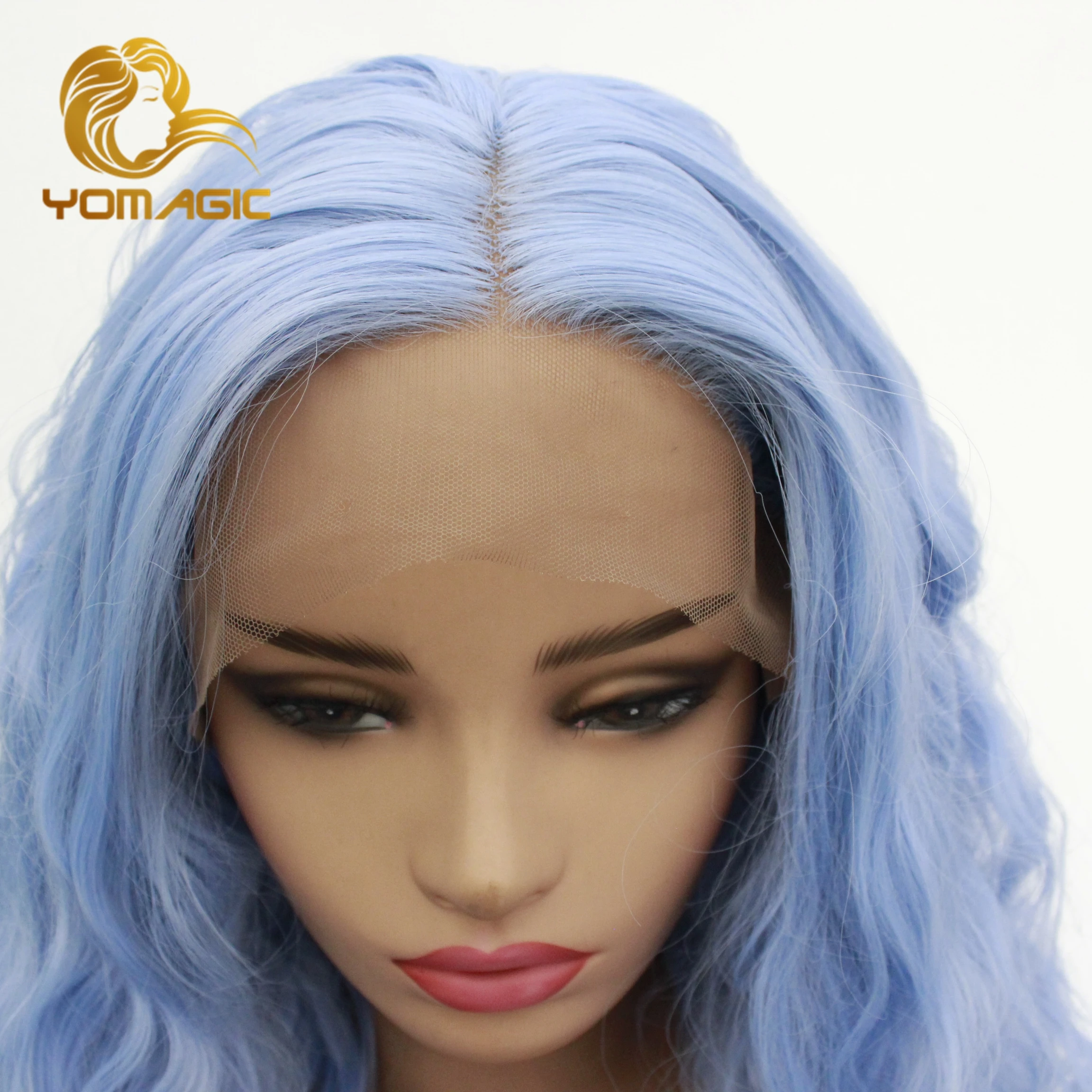 

Yomagic Light Blue Color Lace Front Wig Deep Wave Synthetic Long Hair Glueless Lace Wigs Natural Hairline Heat Resistant Fiber