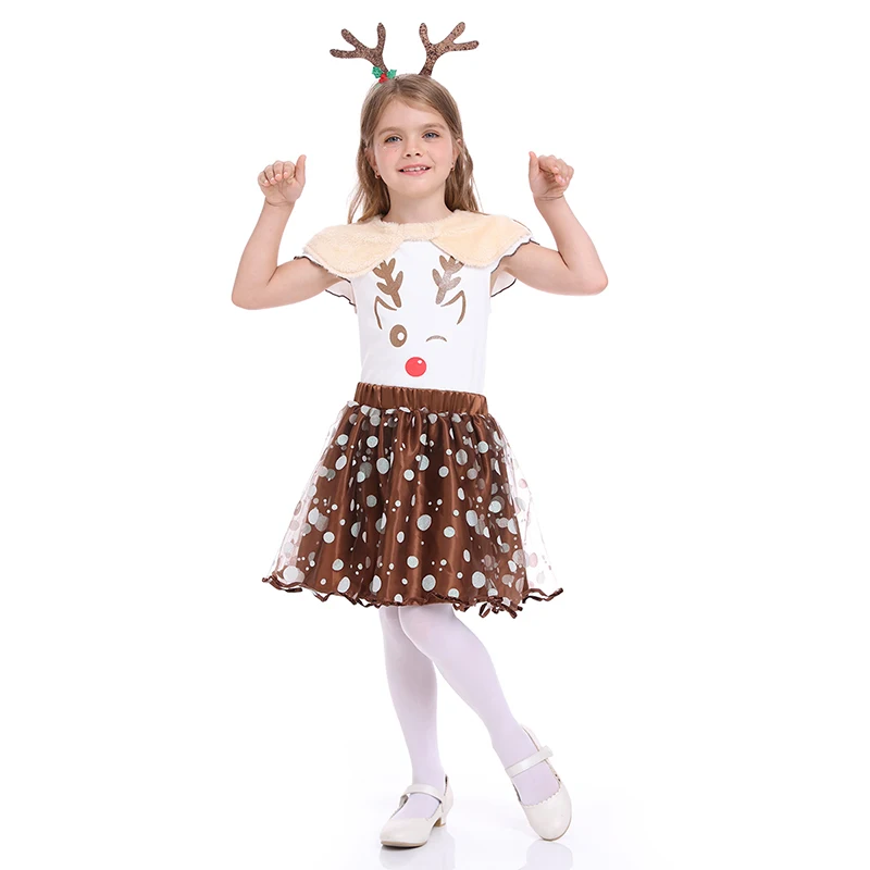 

Reindeer TuTu Dress Girl Kids Christmas Cosplay Party Eve Xmas Ballet Tulle T-skirt Animals Brown Deer Costume With Horn