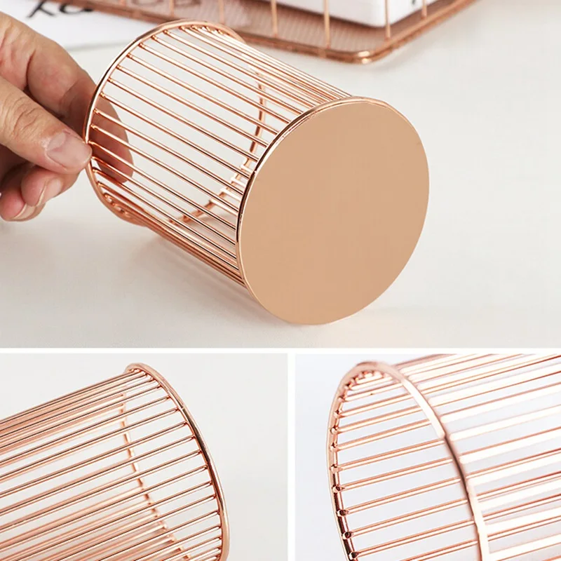 Металлическая железная корзина для хранения вещей цвета розового золота кистей