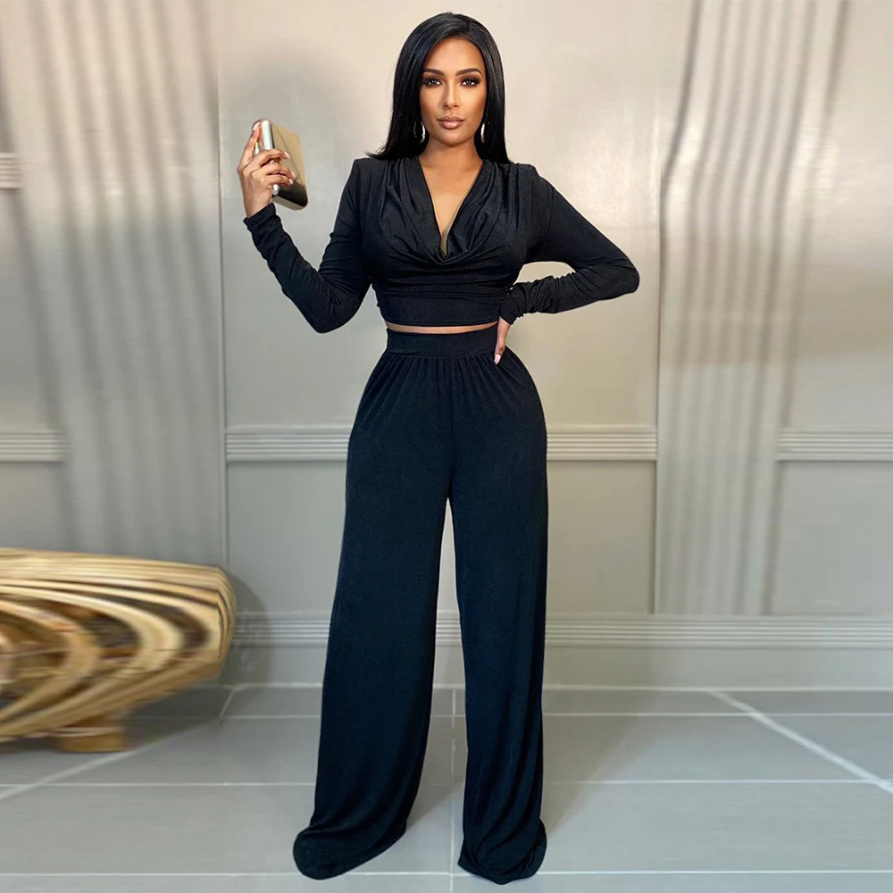

Elegant Fashion Black Two Piece Pant Suits Women's Costumes Draped Deep V Neck Long Sleeve Crop Top+high Waist Wide Leg Trousers