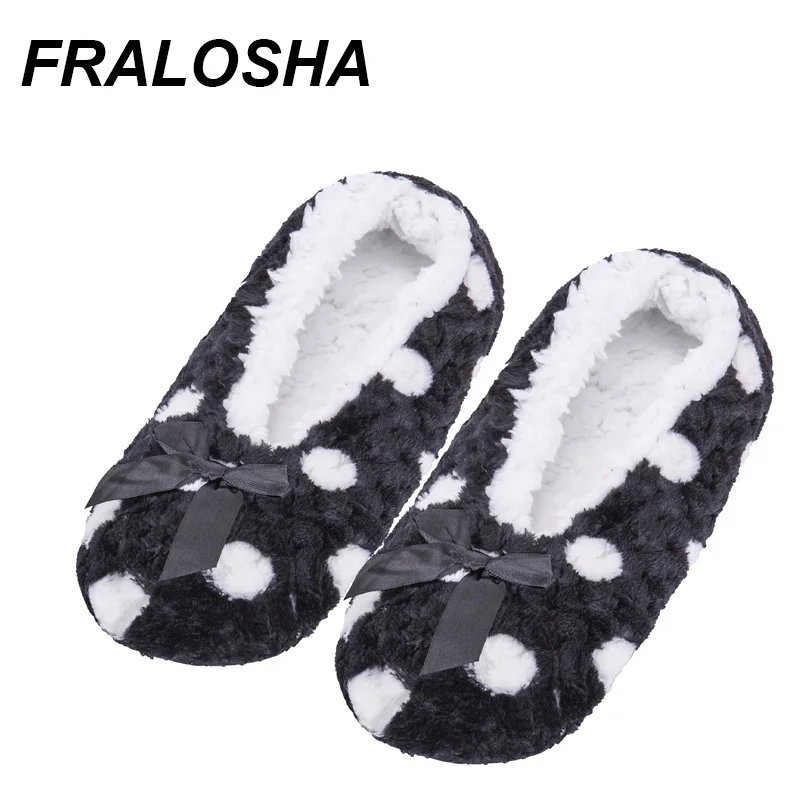 FRALOSHA/теплая домашняя женская обувь из хлопка; плюшевые женские тапочки; нескользящая домашняя обувь в горошек с бантом; домашние тапочки