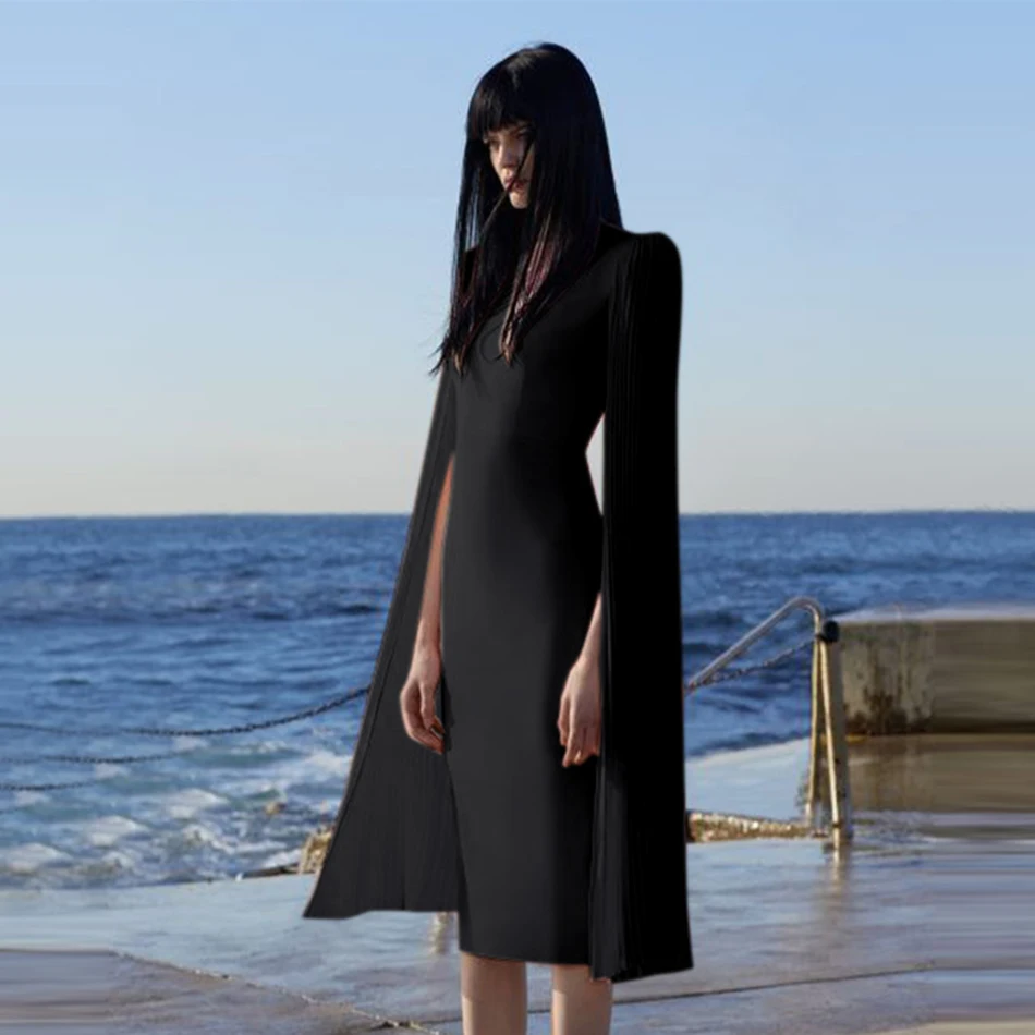 

2021 New Women's Elegant Solid Long Pleated Cloak Sleeve Long Sleeve O-Neck Bandage Dress Bodycon Club Party Midi Dress