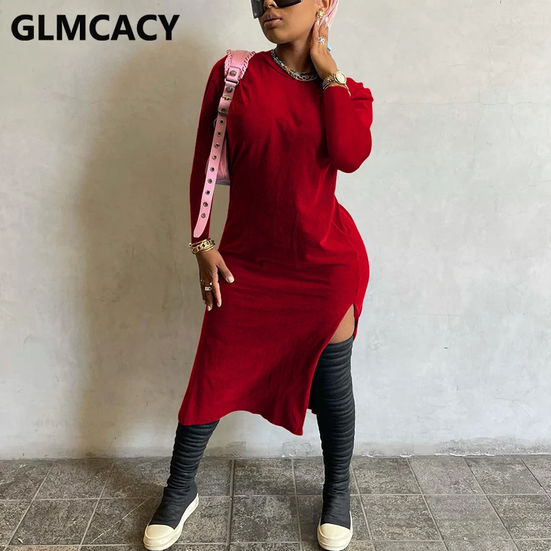 

Женское повседневное однотонное платье миди с длинным рукавом и разрезом