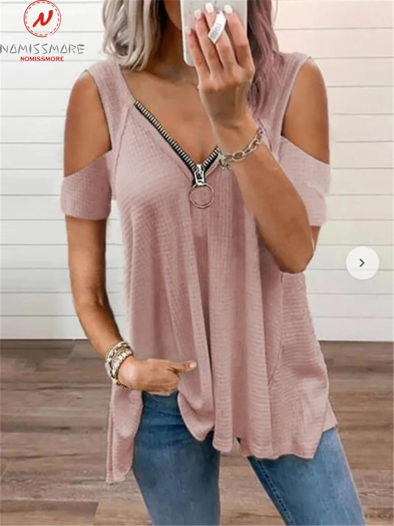 

Women Summer Casual Loose T-Shirts Hollow Out Design Zipper Decor See Through V-Neck Short Sleeve Solid Color Pullovers Top