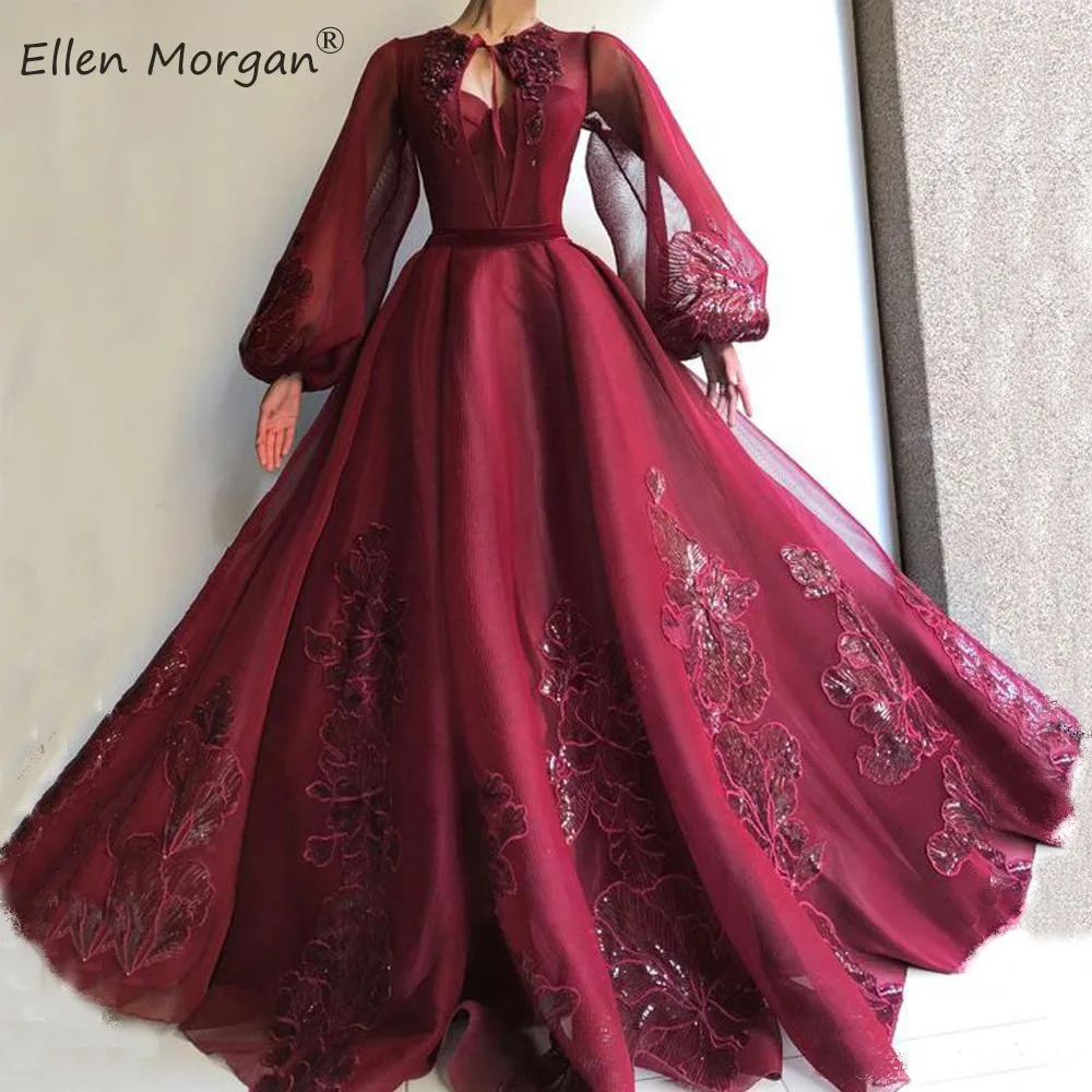 

Saudi Arabian Burgundy Long Sleeves Evening Dresses Long Sleeves O-neck Appliques A Line Formal Muslim Events Party Gowns 2021