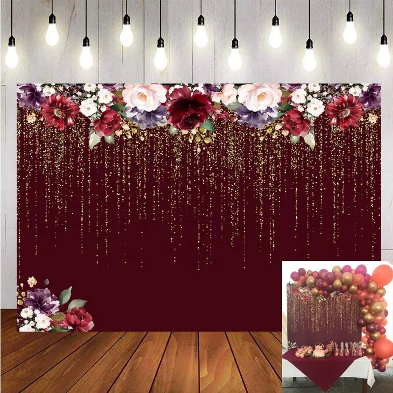 

Burgundy Red Flowers Backdrop Golden Glitter Floral Girl Birthday Party Photography Background Bridal Shower Wedding Banner Prop