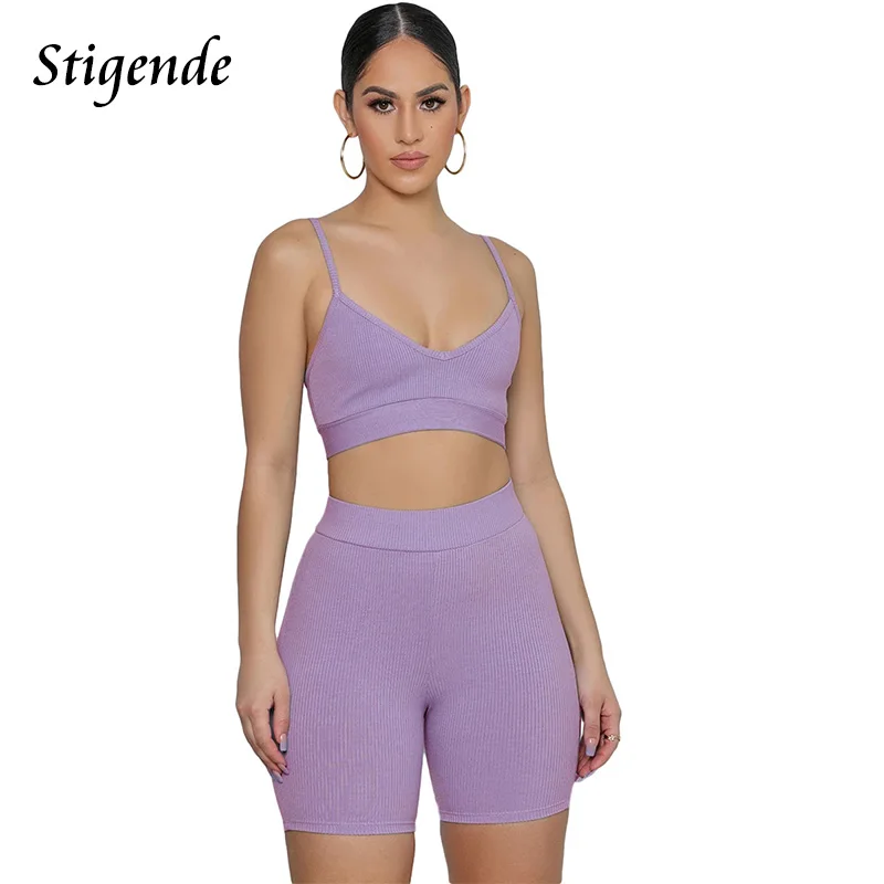 

Stigende Women Summer Fitness Tracksuit Skinny Ribbed 2 Piece Short Set Active Wear Casual Solid Color Spaghetti Strap Crop Top