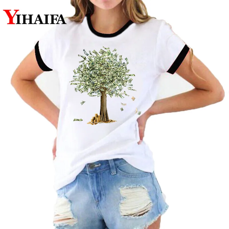 Женские футболки Ulzzang Creative Money Tree с графическим принтом летние женские белые