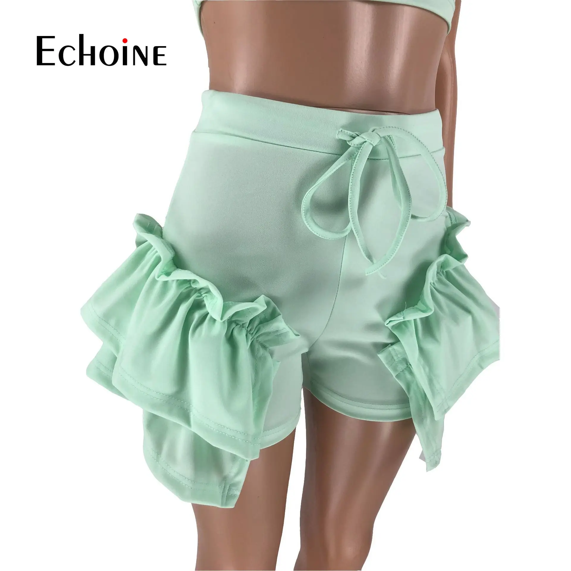 

Echoine Summer Sexy Streetwear 2 Two Piece Sets Women Outfits Ruched Sleeveless Crop Top Casual Ruffles Shorts Set Party Outfits