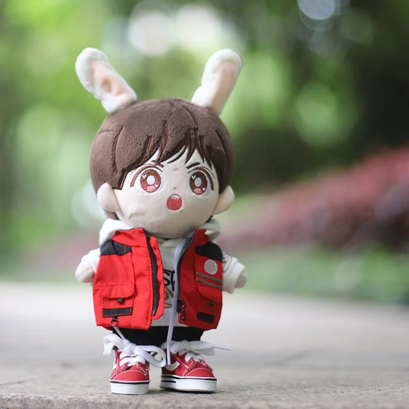 Ropa de mu&ntilde;eca de felpa de estrella, chaleco de plum&oacute;n rojo, Sudadera con capucha blanca, traje de algod&oacute;n de 20CM para beb&eacute;-3