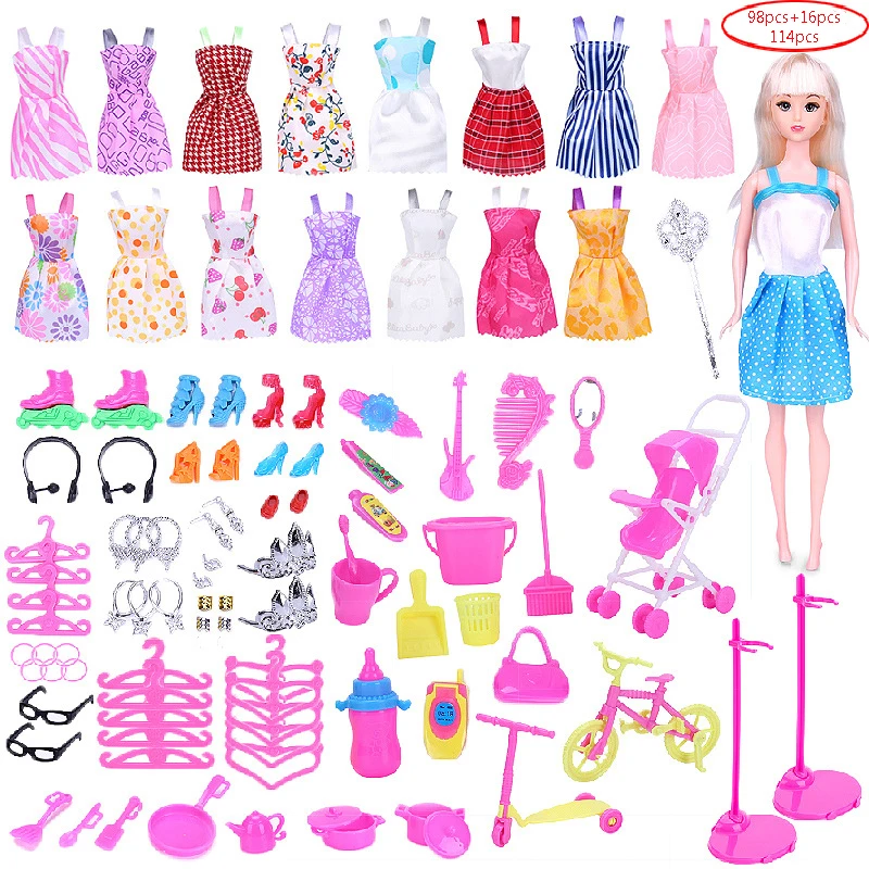 

114 шт. аксессуары для кукольных платьев платья принцессы Одежда для вечевечерние наряды для девочек обувь сумки ожерелье зеркало вешалка по...