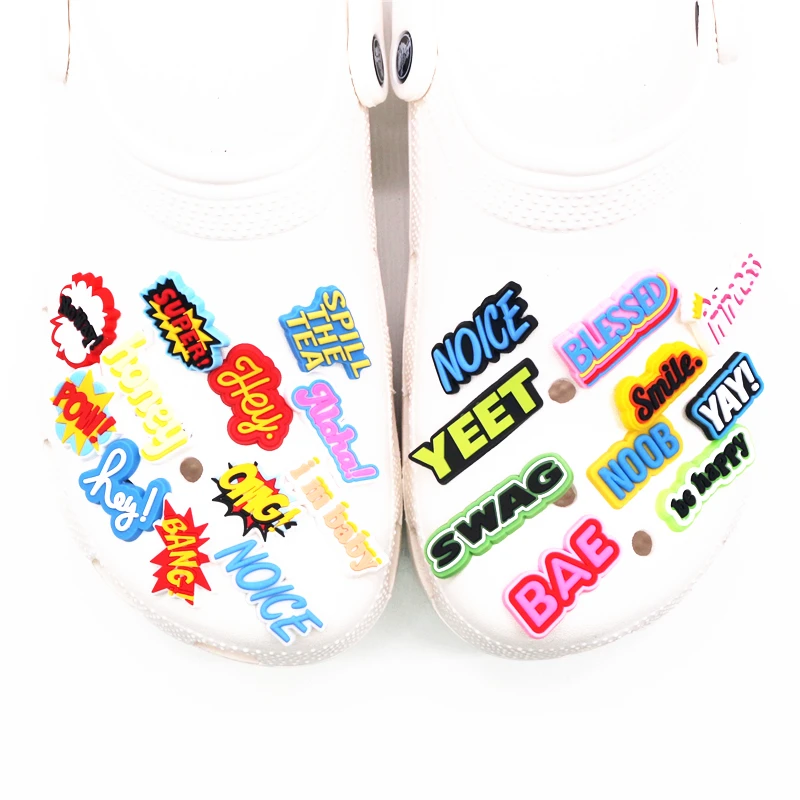 Freeshipping 1pcs Shoe Charms Accessories YAY HEY BANG POW NOICE NO WAY YEET Shoe Decoration for croc jibz Kids Xmas Party Gifts