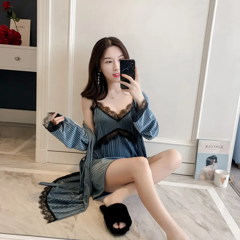 

Lady Pajamas Set Winter Warm Women Sexy Lace Solid Nightwear Home Gown Casual Comfortable 2 Piece Sleepwear Suit