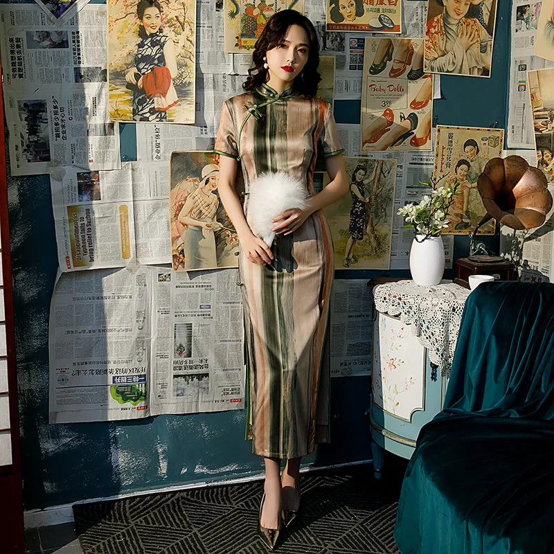 

Sexy Slim Striped Printed Chinese Qipao Novelty Vintage Cheongsam Women Short Sleeve Evening Party Dress Vestidos