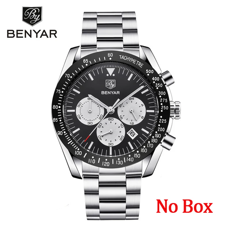 Black No Box Новые мужские часы BENYAR Топ бренд класса люкс кварцевые часы для бизнеса мужские часы настенные часы хронограф водонепроницаемый Relogio Masculino - Цвет: Black No Box