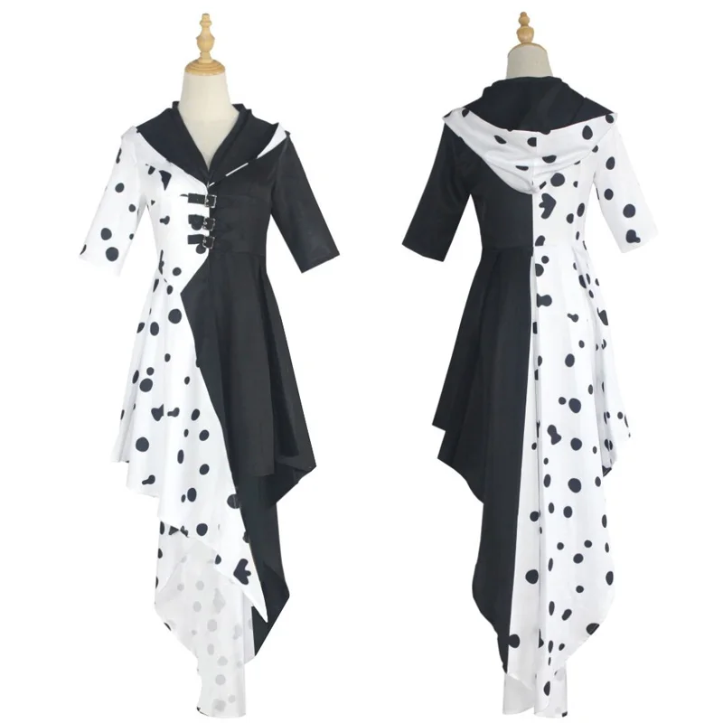

Movie Cruella De Vil Dress Cosplay Costumes Women's Spotted Black White Dresses Anime 101 Dalmatians Performance Halloween Party