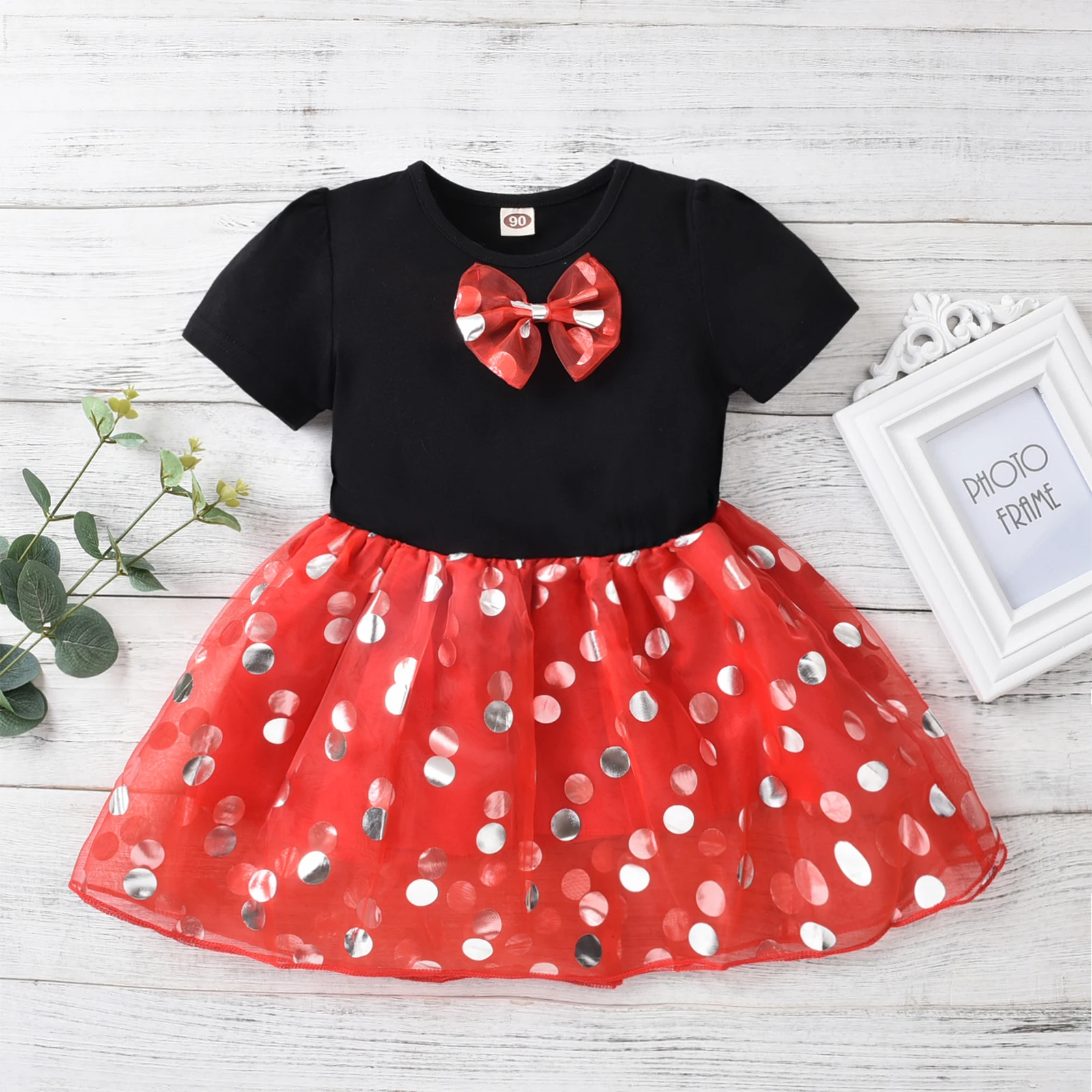 

Girl’s Casual Short Sleeve Dress Fashion Bow Dot Mesh Yarn Stitching A-line Mid-length Dress